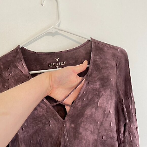 AMERICAN EAGLE Soft Sexy T Tie Dye Faux Wrap Top Purple Surplice Long Sleeve S - Picture 6 of 12